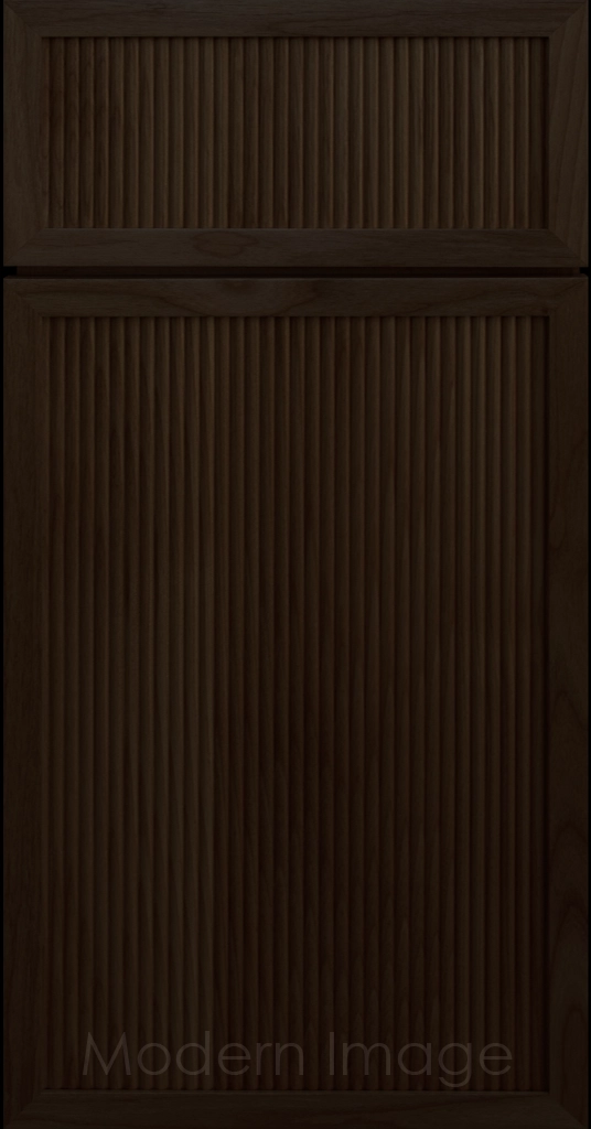 Arcadia Reed Cabinet in Dark Brownie stain, featuring a Narrow Frame and a Slim Fluted Center Panel.